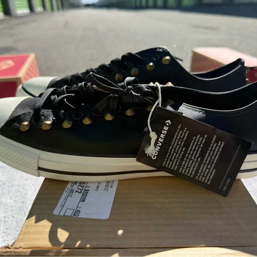 Converse Black Low-Top Sneakers with Gold Studs and White Toe Caps - Picture 2 of 4